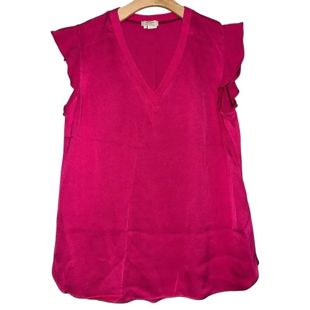 Kate Spade Women’s Size M Pink V Neck Ruffle Flutter Cap Sleeve Satin Crepe Top